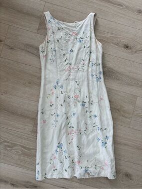 Vintage White Floral Midi Dress with Pink & Blue Embroidery